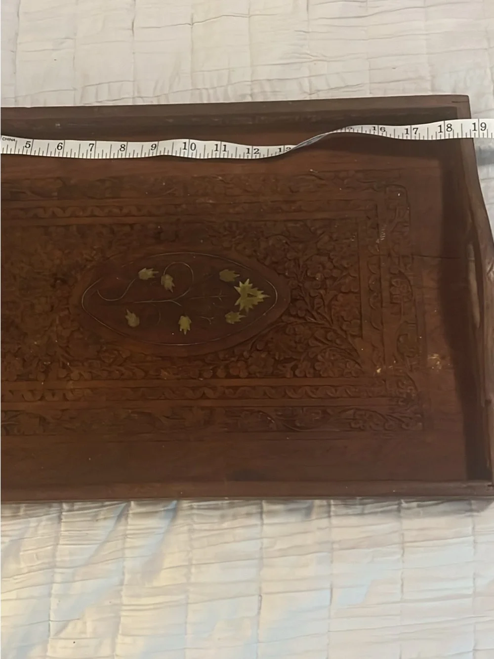 Carved Wooden Vanity Tray in Brown with Inlaid Leaf Motif